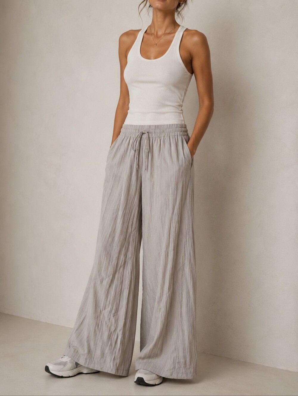 ZARA Crinkle Textured Wide Leg Pants Women Taupe Pull On Athleisuire Loungewear